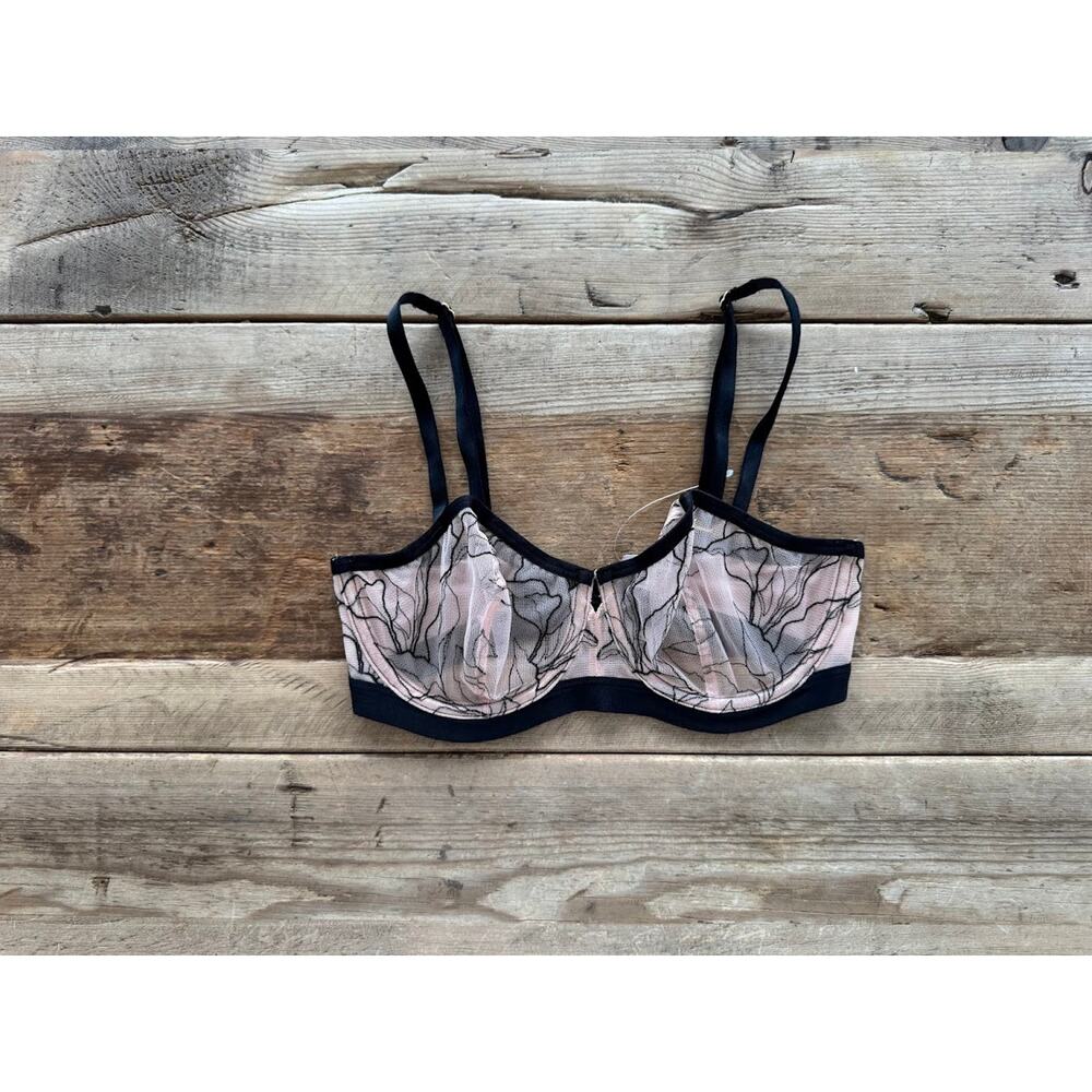 SOMA Hush Beige Black 36C Embroidered Unlined Balconette Bra